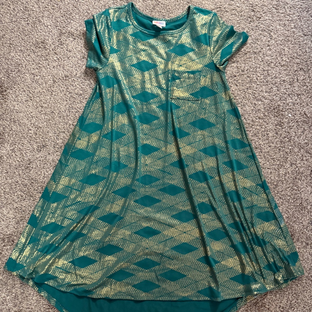 LuLaRoe Teal and metallic Gold Patterned Dress